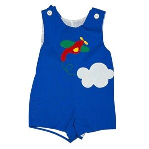 EEUC Vintage Kelly’s Kids royal blue romper with airplane appliqué 18/24mo